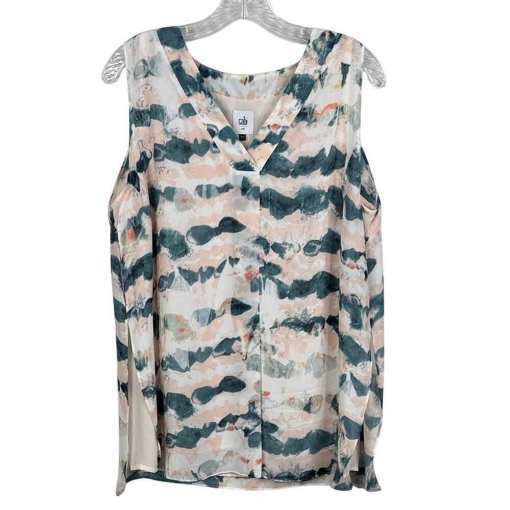 CAbi #5035 Gelato V-Neck Tank Top Size M Abstract Blue Cream Layered Blouse